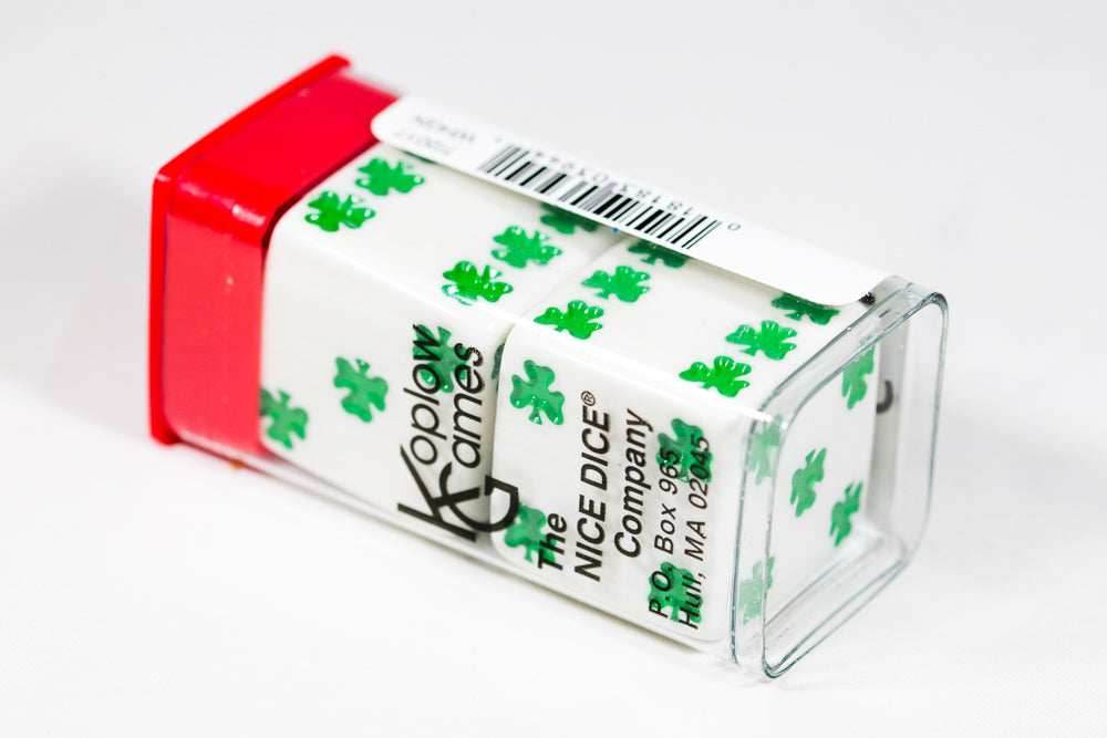 Lucky White Dice with Green Clovers Pair 25mm -