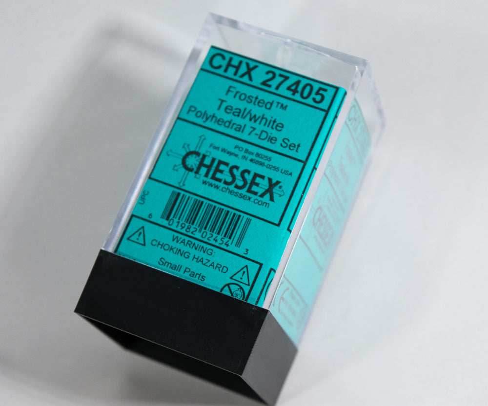 Chessex Polyhedral 7 Die Frosted Teal w/ White Numbers Set Of 7 Dice CHX 27405 -