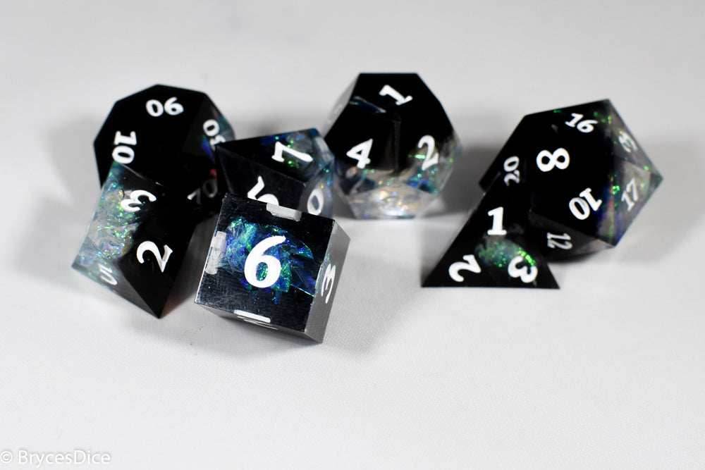 Deep Nether Sharp Edge Resin 7-Dice Dice (Blue-Green and Black w/ White Numbers) -