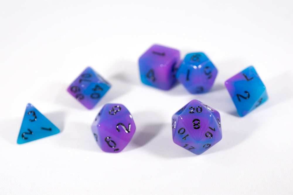 Blue and Purple Glow-in-the-Dark 7-Die Set w/Black Numbers by HDdice -