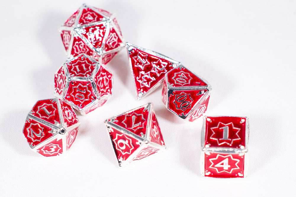 Defender 7-Dice Metal Set Silver w/ Red Fill {North Star Dice Collection} -