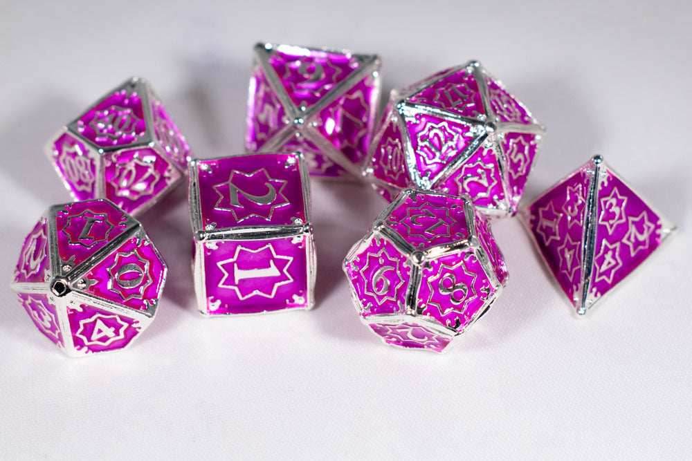 Pretty Paladin 7-Dice Metal Set Silver w/ Pink Fuschia Fill {North Star Dice Collection} -