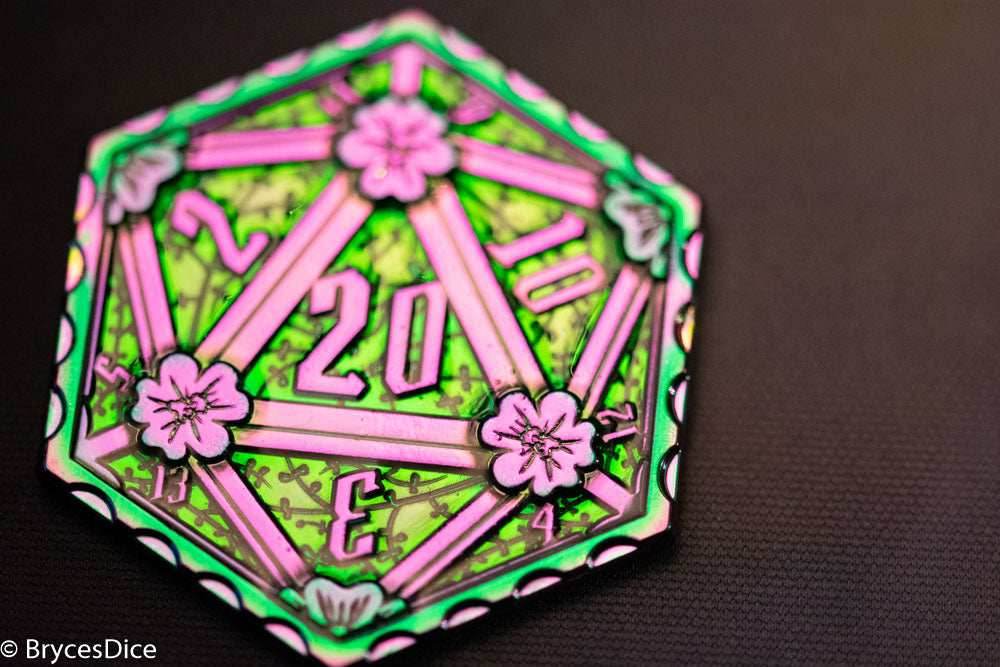 Rainbow d2 Coin Shaped like d20 w/ Purple/Green Tint (V3) -