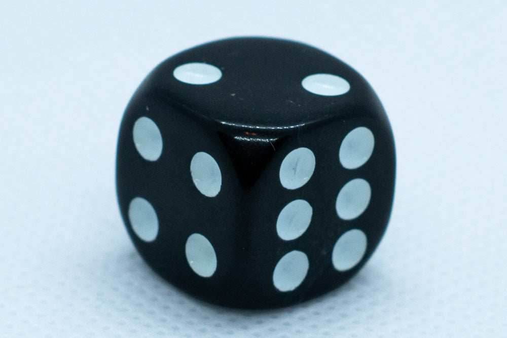 Opaque 16mm Pipped d6 Dice Red/Orange/Yellow/Green/Blue/Purple/White/Black/Pink (sold by the piece) - Black