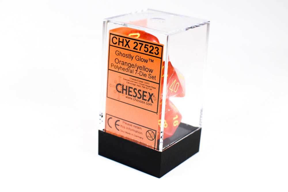 Chessex Polyhedral 7 Die Ghostly Glow Red w/ Yellow Numbers Set Of 7 Dice CHX 27523 -