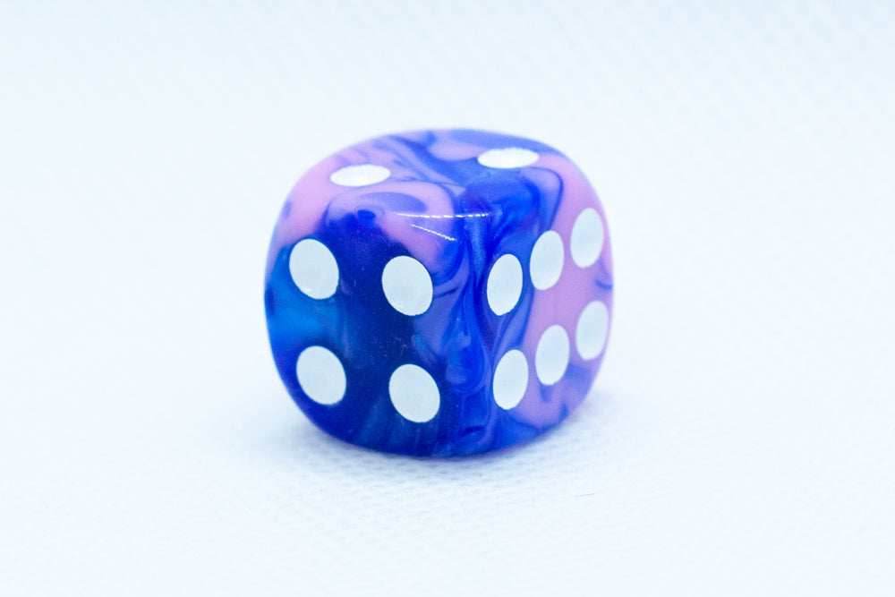 Pearl/Swirl Pipped d6 Dice Orange/Pink/Maroon/Electric Yellow/Brown/Blue/Green/Cranberry 16mm (SOLD BY PIECE) - Pink/Blue