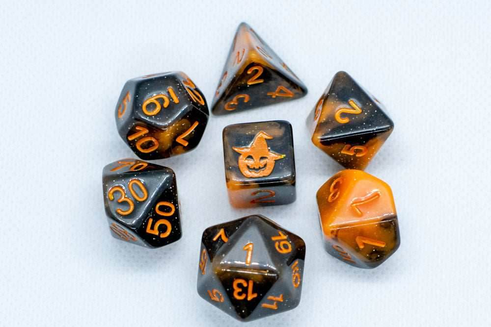 Halloween Black/Orange w/Glitter & Pumpkin 7-Dice Set RPG DND -