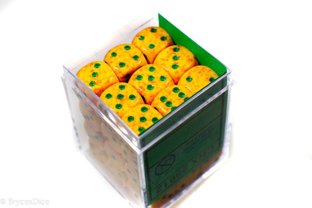 Lotus Speckled 12mm D6 Pipped (Orange/Yellow/Green) Sold by Piece -