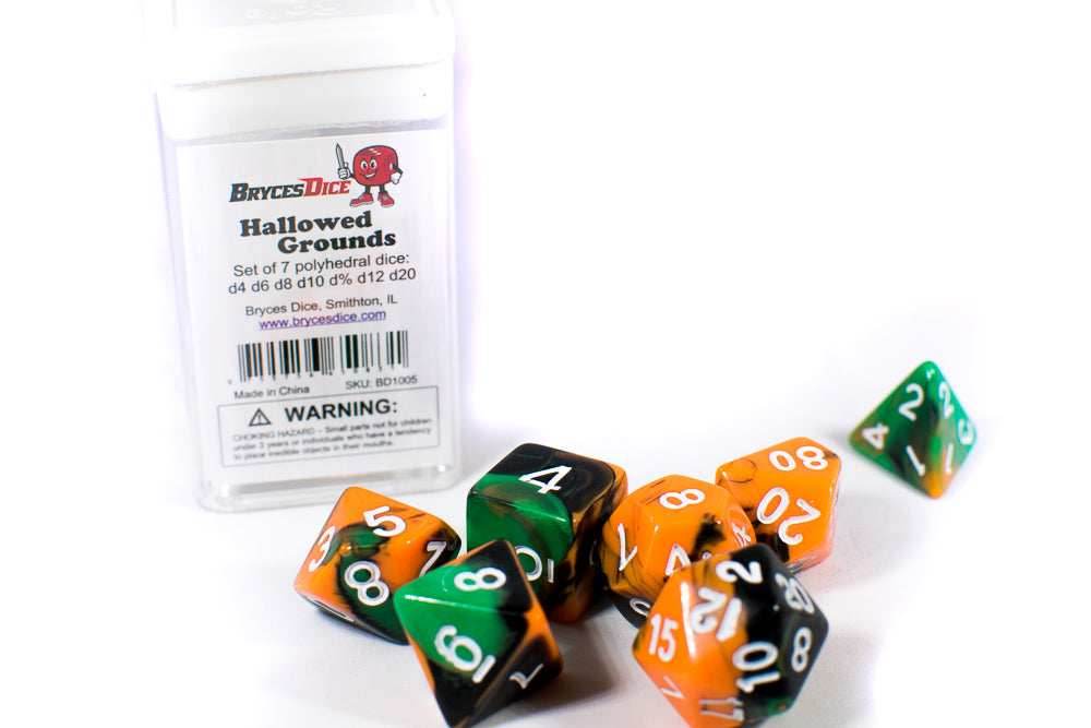 Hallowed Grounds Tri-Color Swirl Orange/Black/Green - Dice in Box w/ Insert