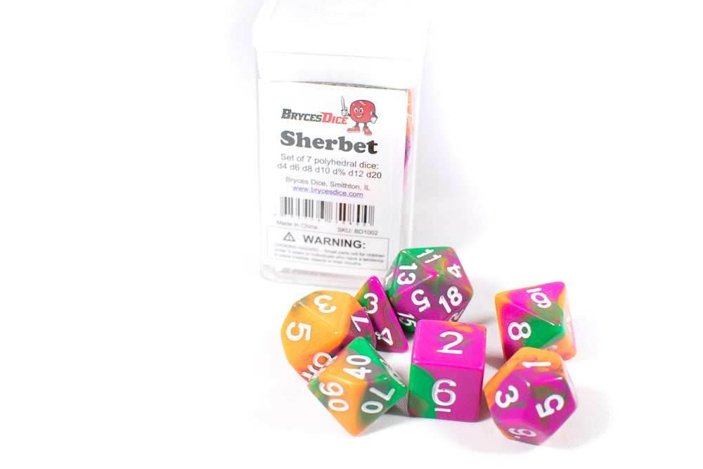 Sherbet Tri-Color Swirl Orange/Green/Purple - Dice in Box w/ Insert