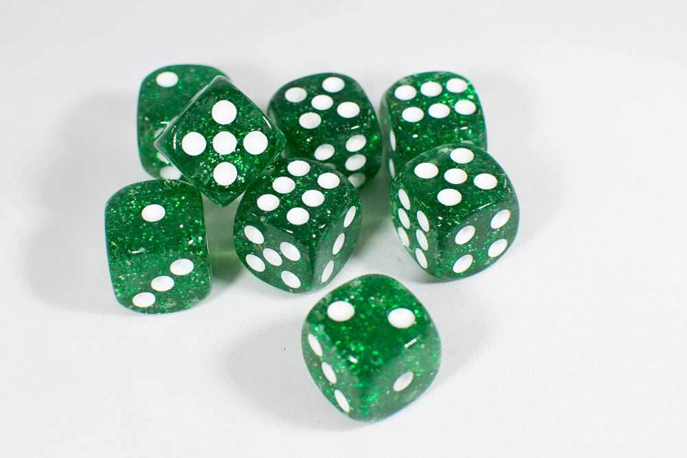 Green with Glitter D6 16mm Pipped Dice (sold by the piece) -