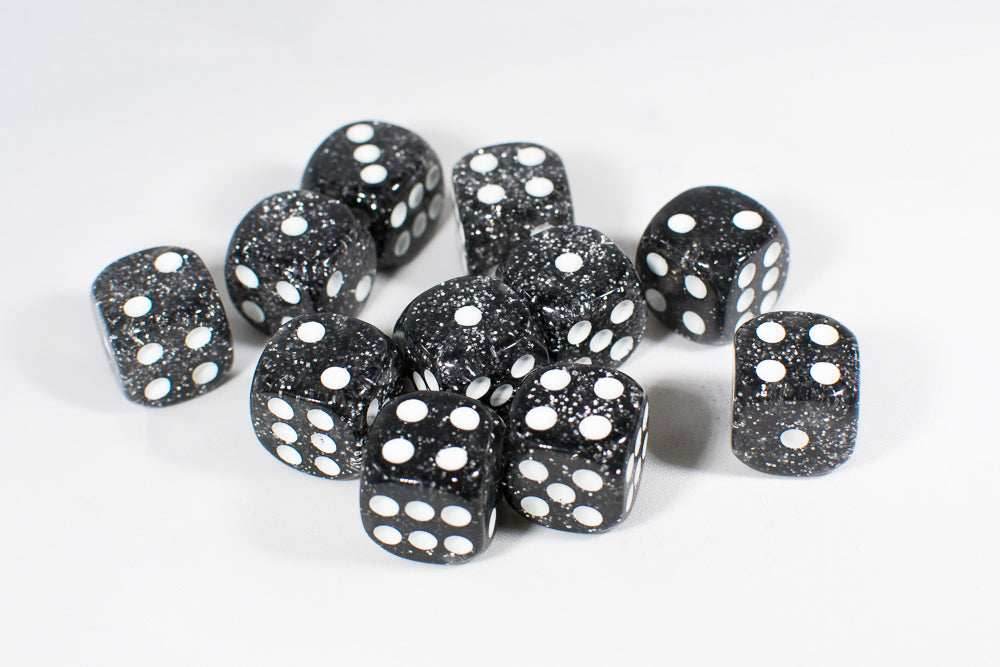 Black with Glitter D6 16mm Pipped Dice (sold by the piece) -