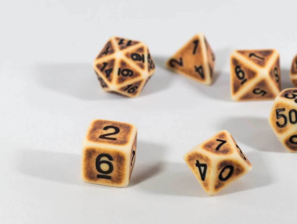 Ancient Tan with Faux Brown Wearing Poly Dice Set (7) Tan Acrylic Black Numbers HDdice -