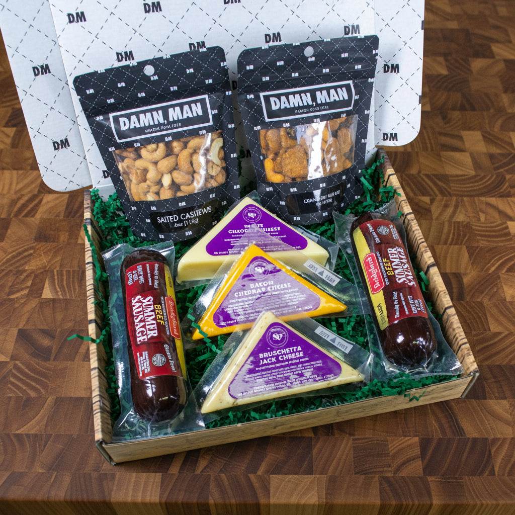 Delicatessen Gift Box – Gourmet Cheese, Beef Sausage & Nuts | Perfect Snack Box for Men – Tailgate, Game Night, Birthday Gifts -