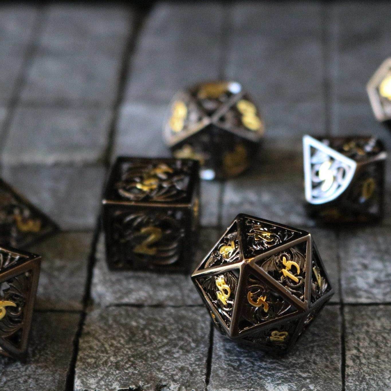 Dragon Flight Black/Gold Hollow Metal DND Dice Set - Only 1 D20
