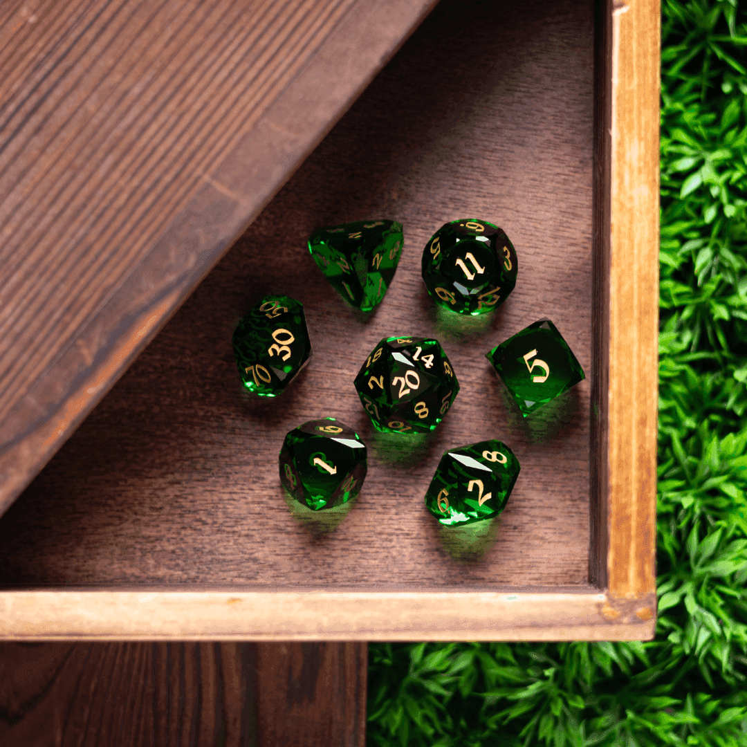 Dwarf Cut Green Gemstone Glass Premium DND Dice Set - Full Set And Free Dice Box