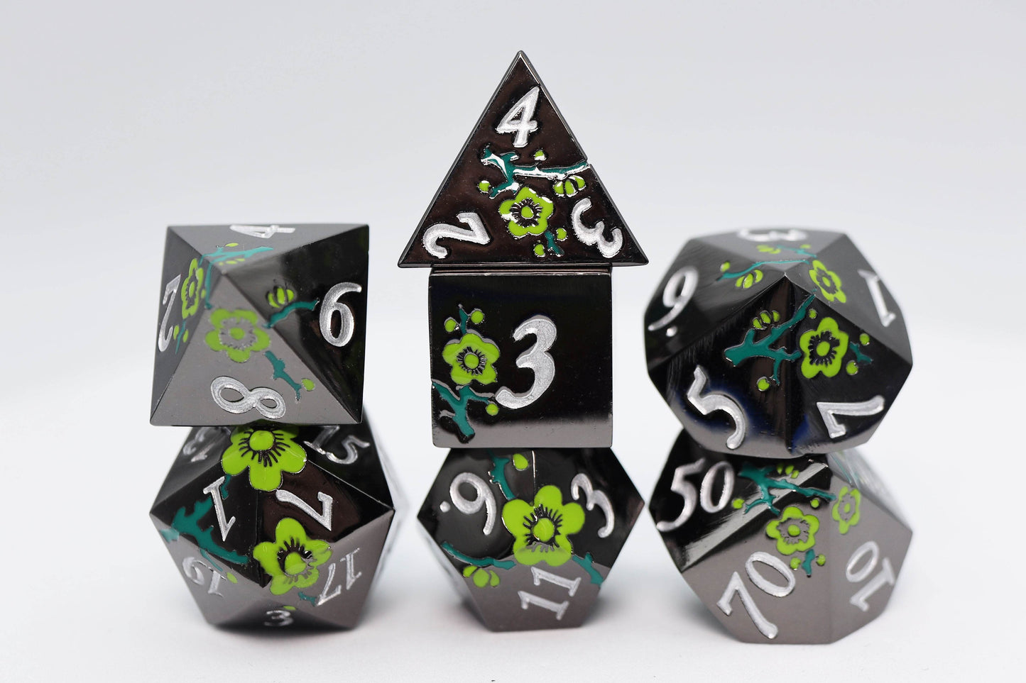 Metallic Bouquet: Dark Green Hellebore - Metal RPG Dice Set -