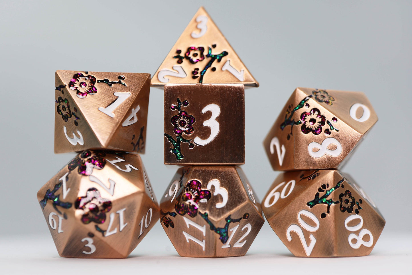 Metallic Bouquet: Copper with Red Orchids - Metal RPG Dice Set -