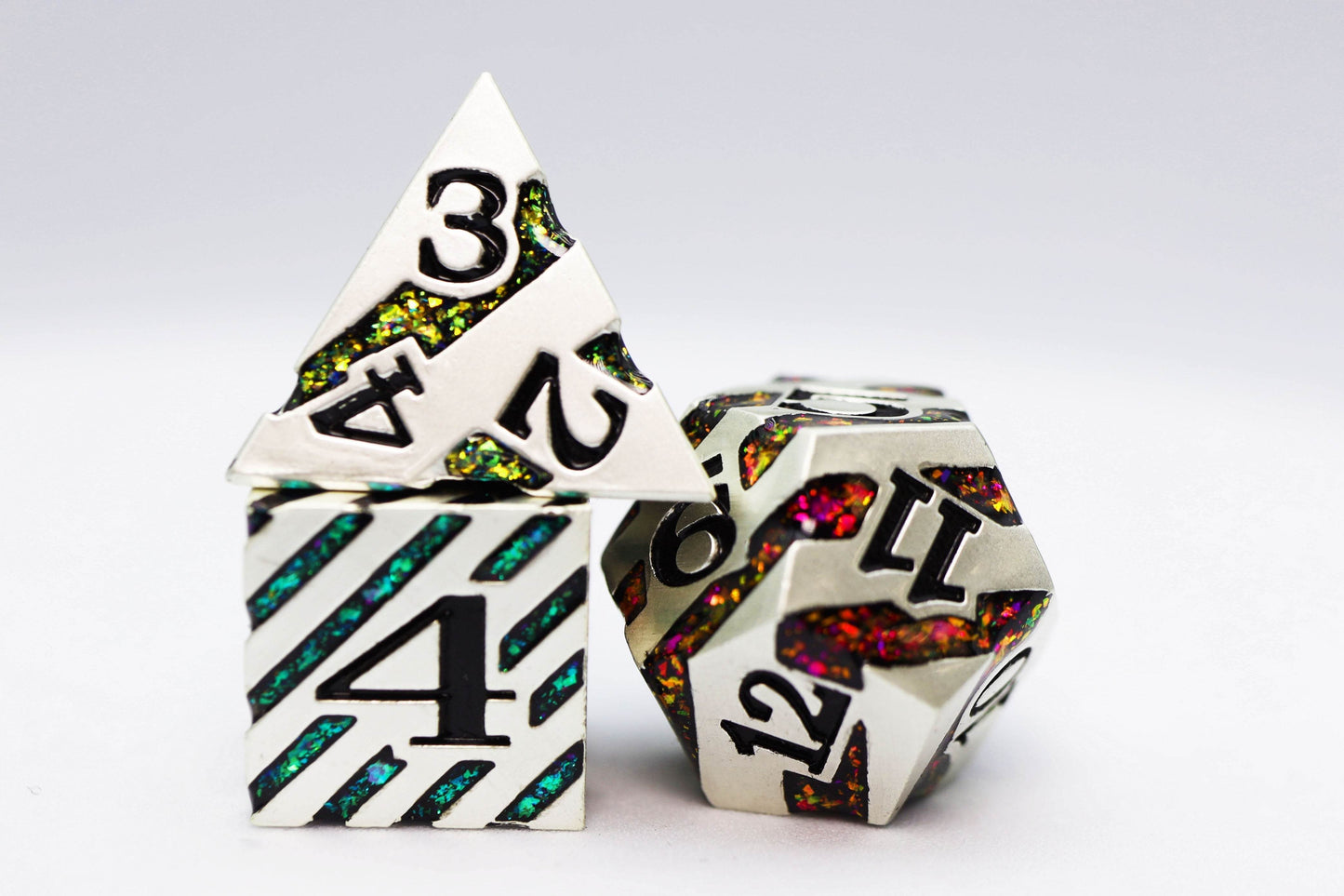 Into the Mines: Platinum with Rainbow Mica - Metal RPG Dice Set -