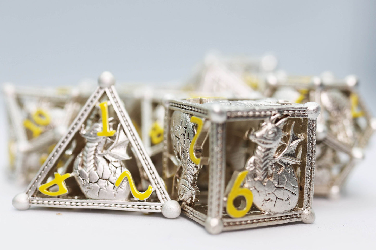 Silver Hatching Dragon - Hollow Metal RPG Dice Set -
