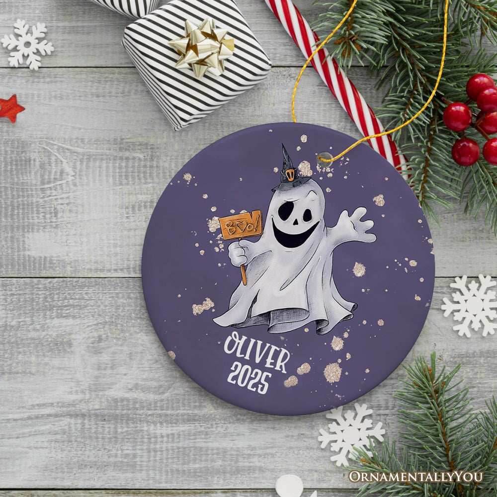 Customized Spooky Ghost Phantom Playful Halloween Ornament - Circle