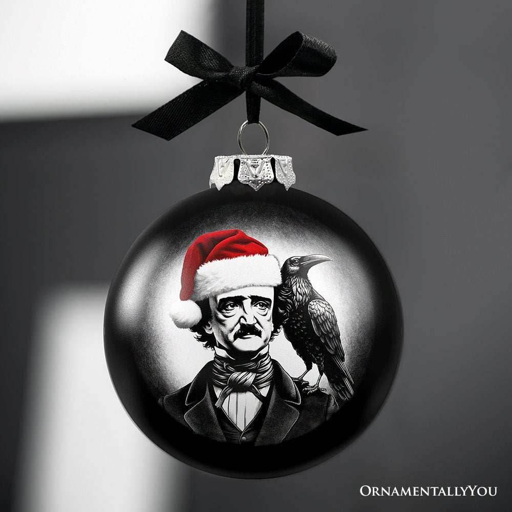 Edgar Allan Poe Spooky Christmas Portrait Glass Ornament, Black Horror Halloween Tree Decoration -