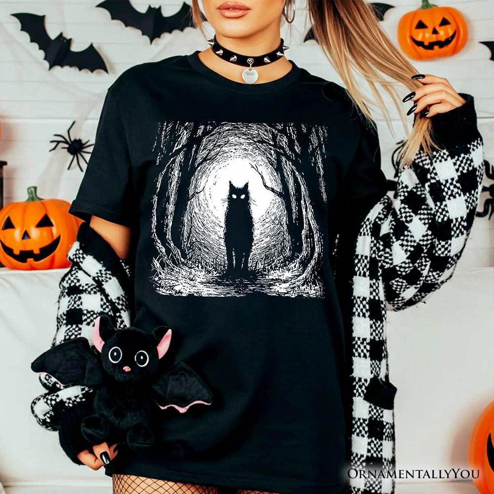 Haunted Forest Black Cat T-Shirt, Spooky Halloween Night Tee - Black / XS