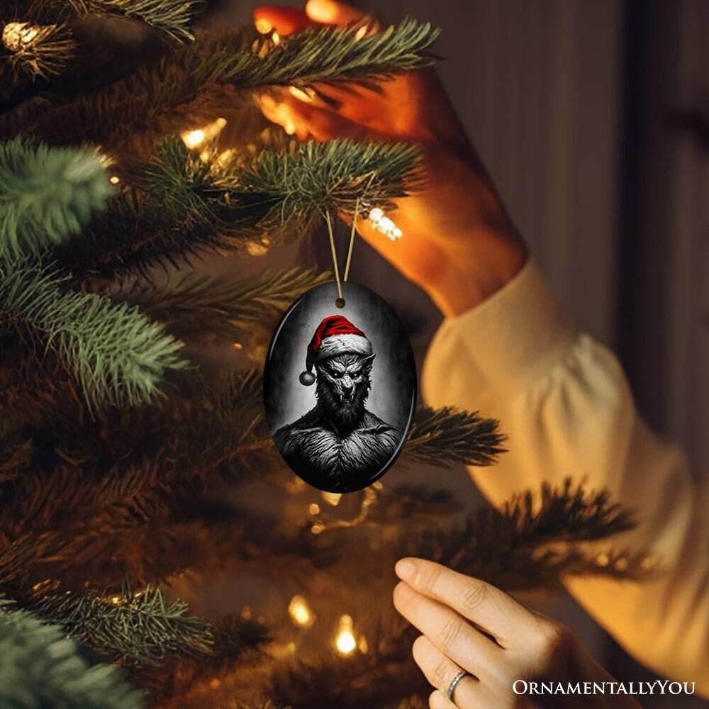 Beastly Werewolf with Santa Hat Ornament, Frightening Holiday Keepsake for Spooky Tree - Oval