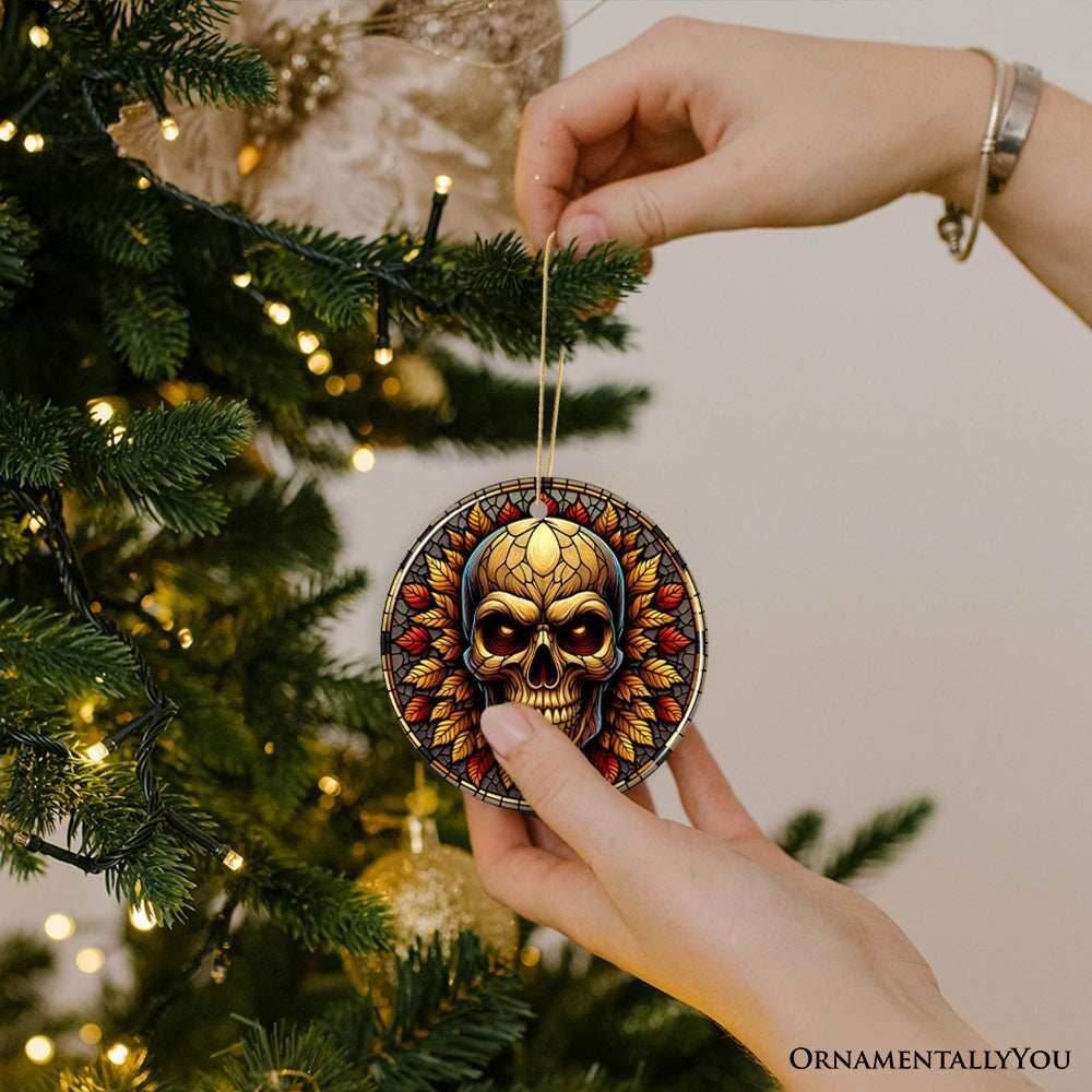 Spine-Chilling Haunting Skull Stained Glass Style Ceramic Ornament, Halloween Themed Christmas Gift and Decor - Circle