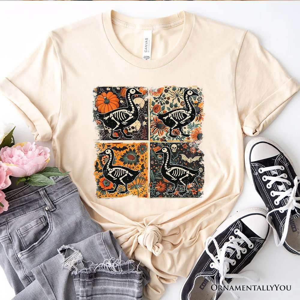 Skeleton Goose Patchwork T-Shirt, Floral Halloween Tee for The Spooky Season - Natural / XS