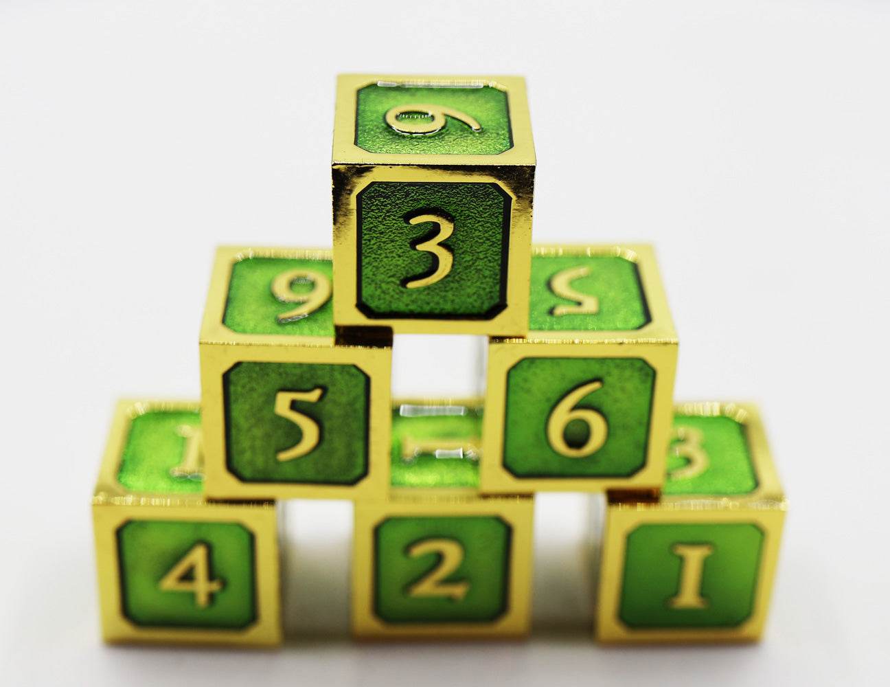 6 piece Metal D6's - Green and Gold -