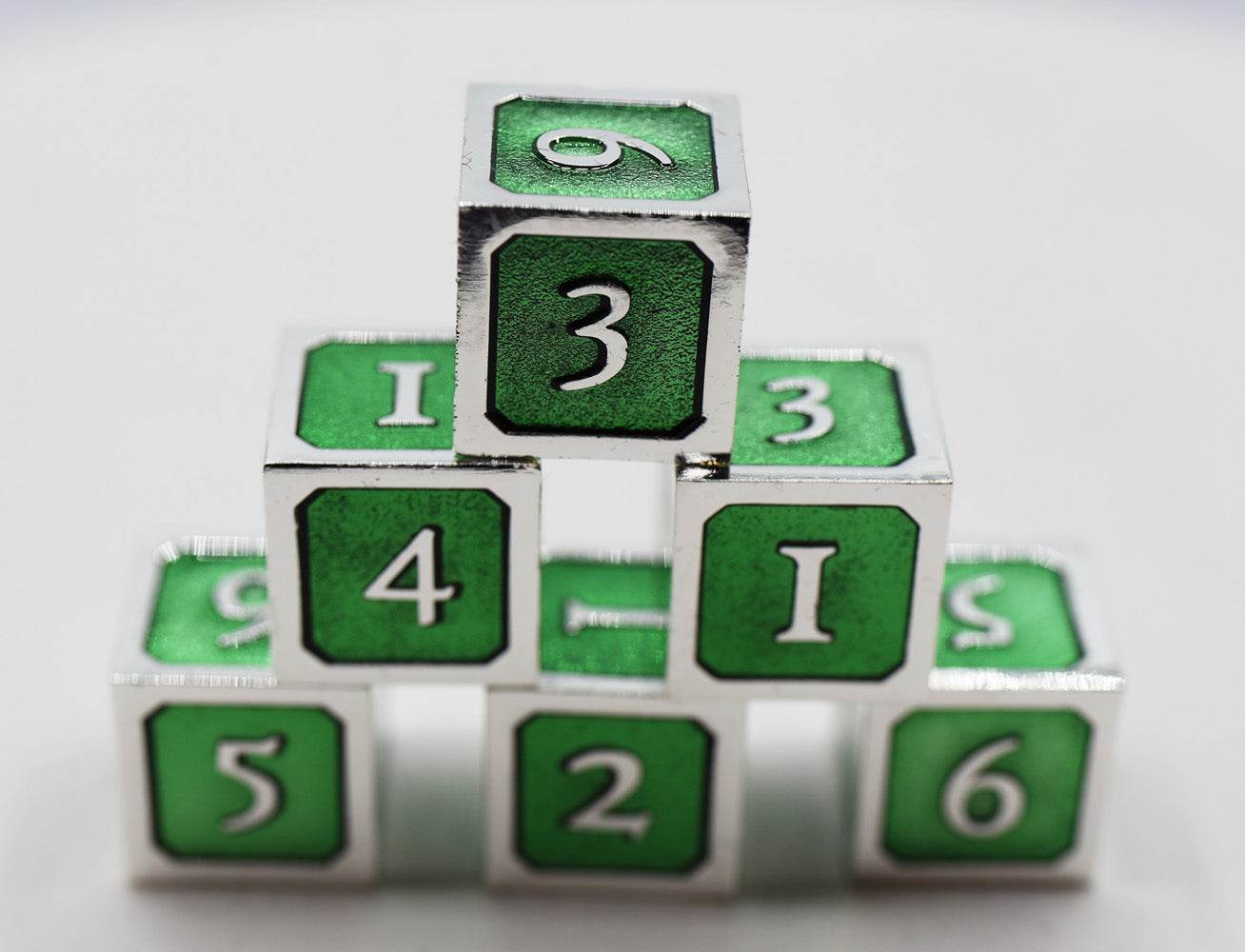 6 piece Metal D6's - Green and Silver -