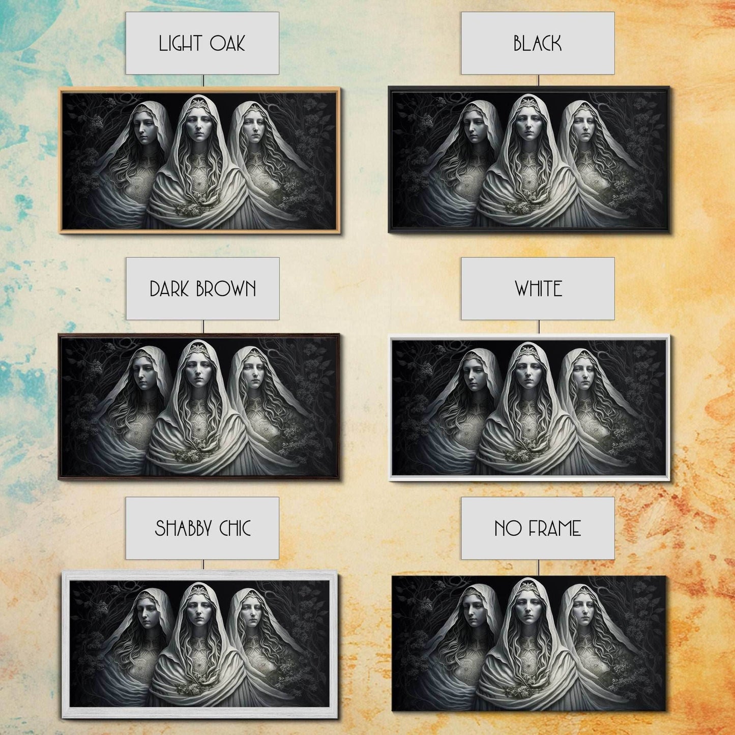 The Norns, Norse Mythology, Weavers of Fate, Framed Canvas Print, Urðr, Verðandi, and Skuld, Black and White Norse Fantasy Art - 10x20 Inches / Gallery Wrap Canvas - Ready To Hang