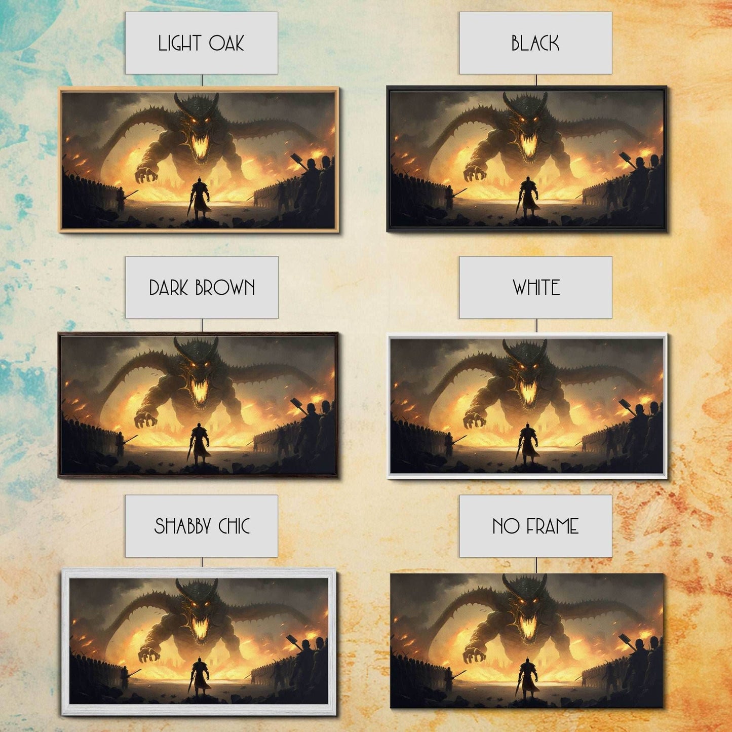 Warrior Facing Down a Dragon, Framed Canvas Print, Unique Fantasy Wall Art, In The Time of Dragons - 10x20 Inches / Gallery Wrap Canvas - Ready To Hang