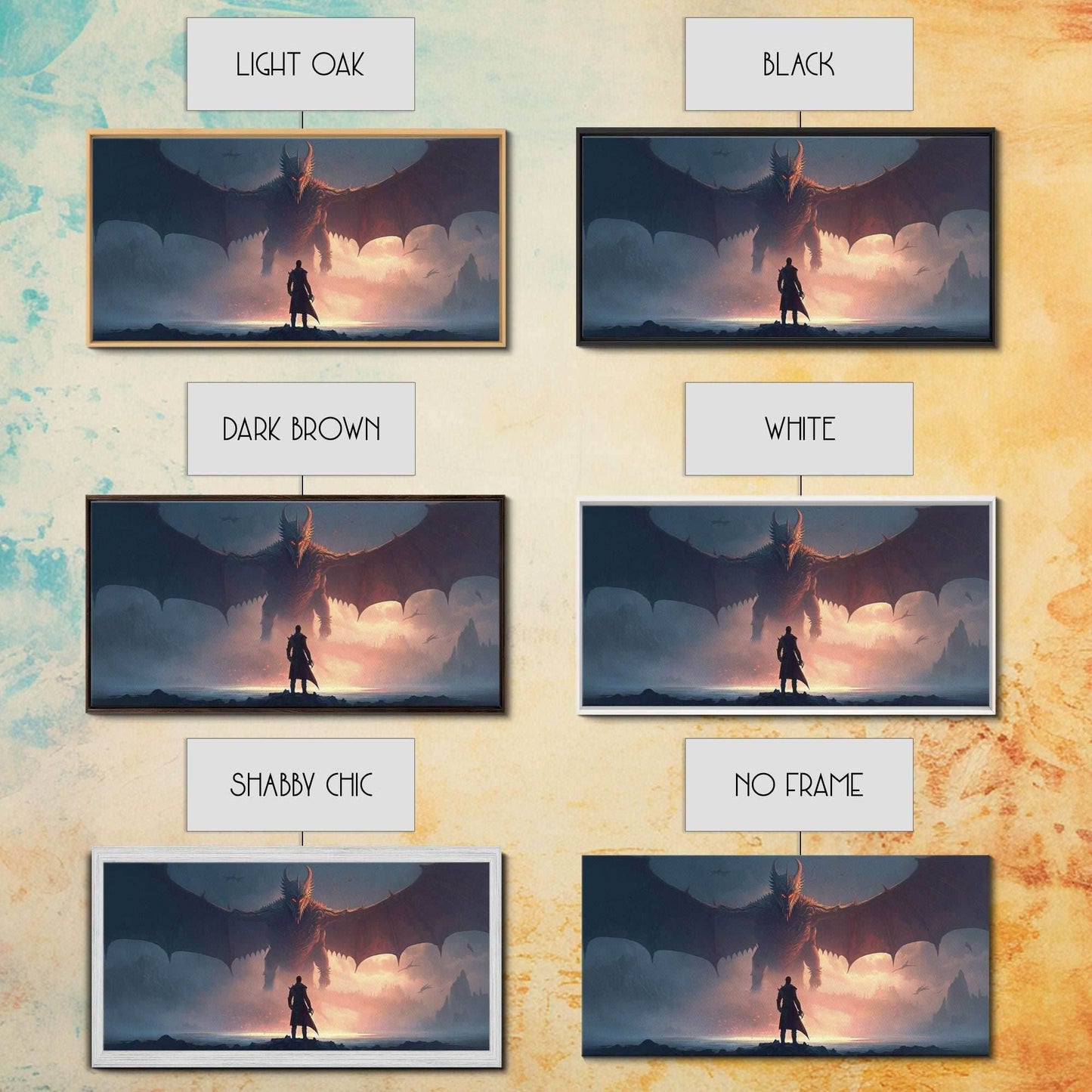 Warrior Facing Down a Dragon, Framed Canvas Print, Unique Fantasy Wall Art, In The Time of Dragons - 10x20 Inches / Gallery Wrap Canvas - Ready To Hang