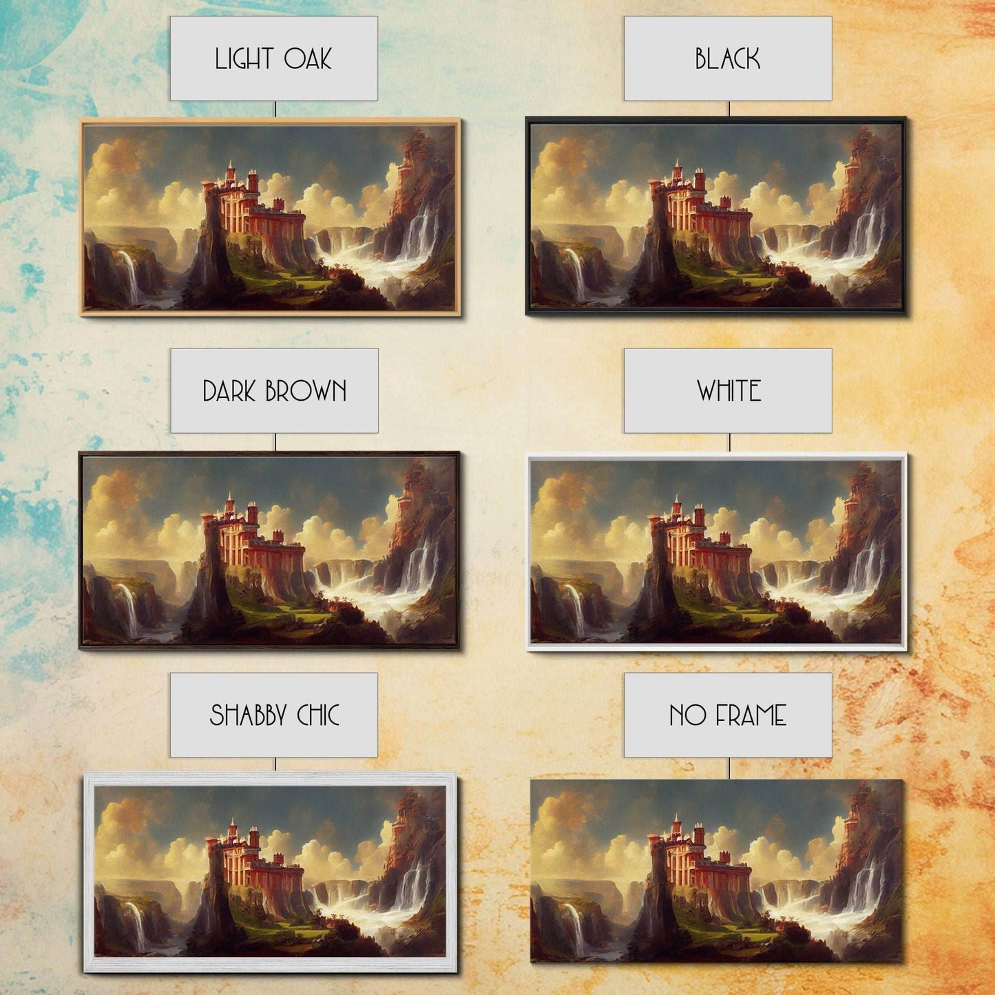 Fantasy wall art, canvas print, castle in the sky, castle atop mountains and waterfalls, watercolor - 10x20 Inches / Gallery Wrap Canvas - Ready To Hang