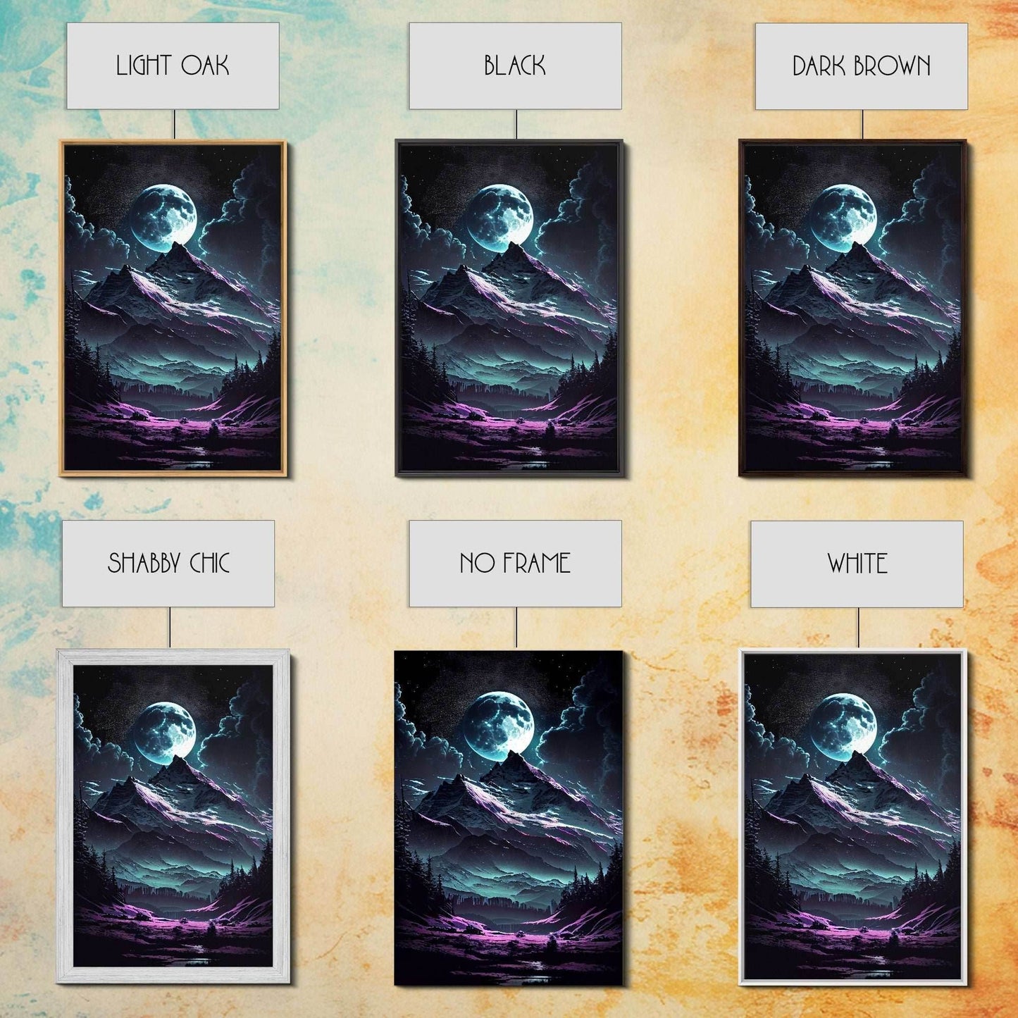 Mythical mountains fantasy art, framed canvas print, full moon over a mystical mountain landscape - 8x12 Inches / Gallery Wrap Canvas - Ready To Hang