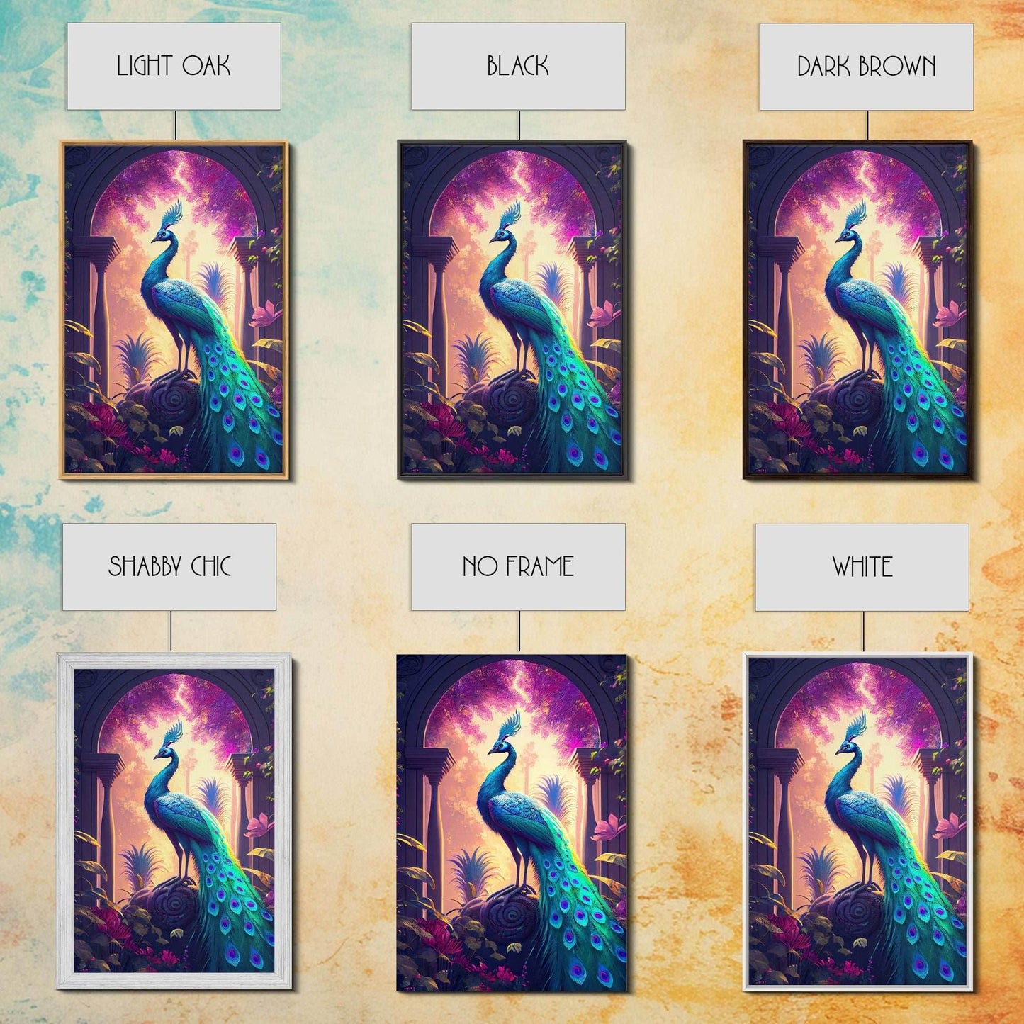 Turquoise peacock art, fantasy decor, framed canvas print - 8x12 Inches / Gallery Wrap Canvas - Ready To Hang