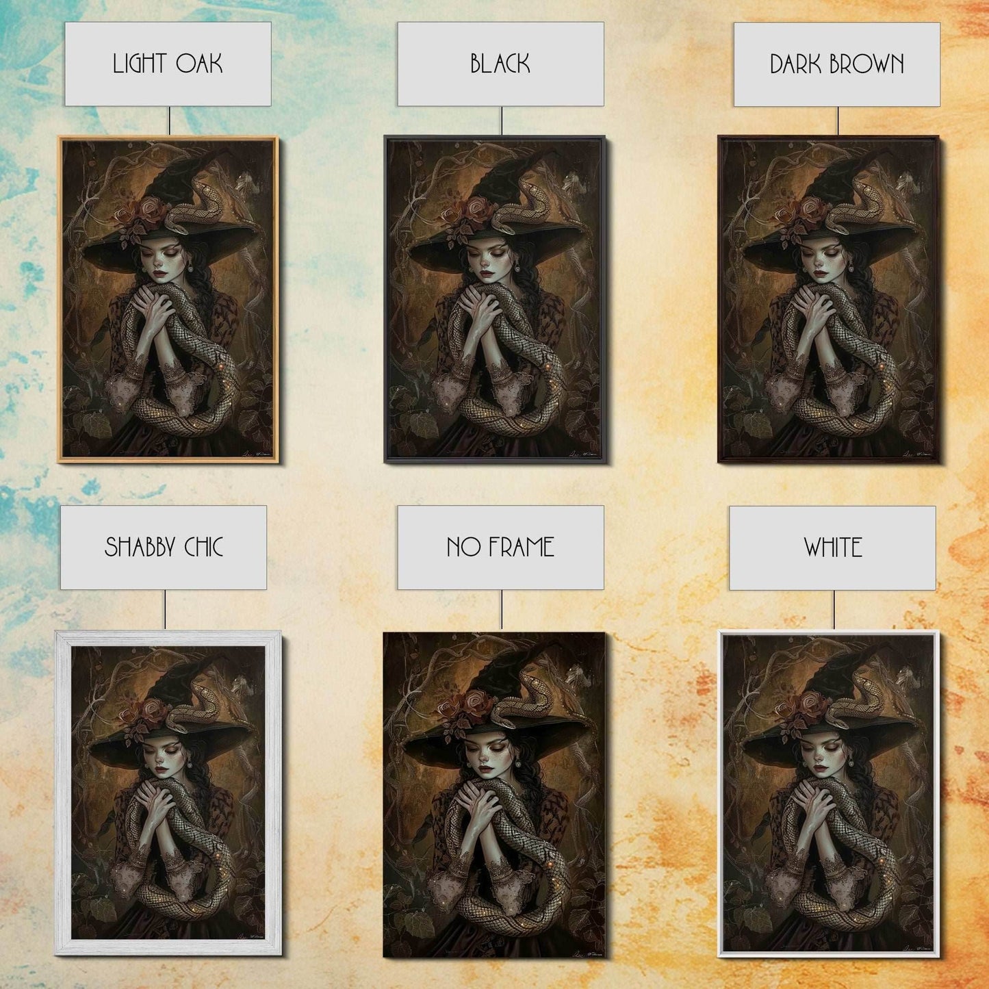 Mysterious Witch Holding Snake, Framed Canvas Print, Gothic Witch Art, Dark Fantasy Decor, Witch and Serpent, Halloween Accessories - 8x12 Inches / Gallery Wrap Canvas - Ready To Hang