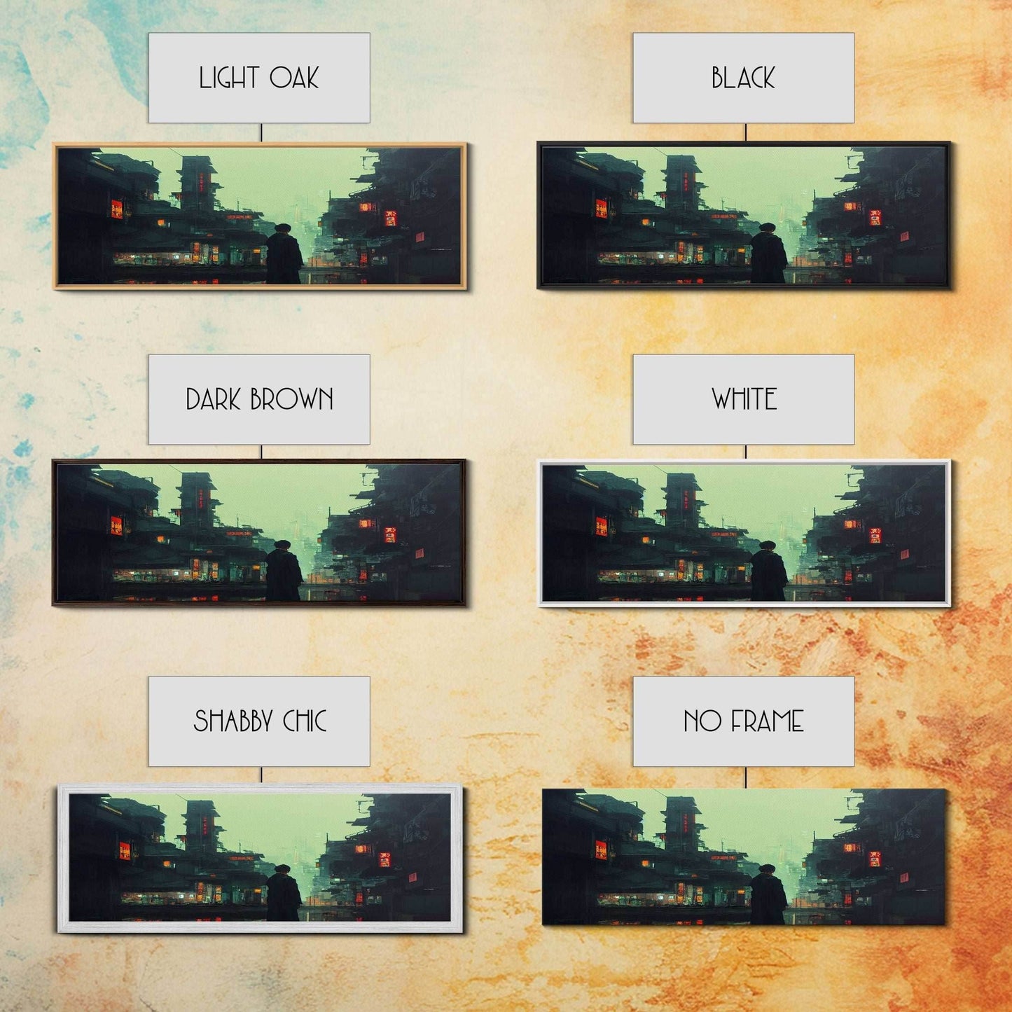 80s style Cyberpunk Japanese City, Retro Punk Tokyo, Framed Canvas Print, Framed Wall Art, Large Panoramic Wall Decor - 10x30 Inches / Gallery Wrap Canvas - Ready To Hang