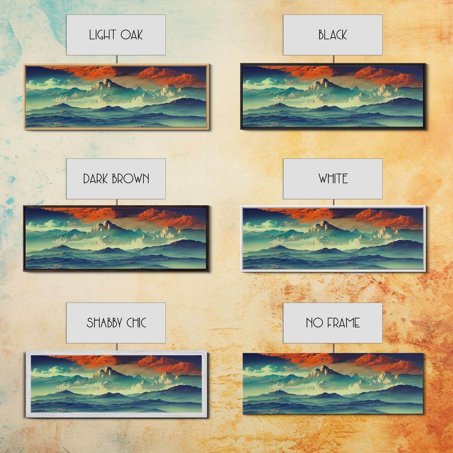 Beautiful Fantasy Mountain Landscape With Orange Clouds, Framed Canvas Print, Ready To Hang Panoramic Wall Decorr - 10x30 Inches / Gallery Wrap Canvas - Ready To Hang