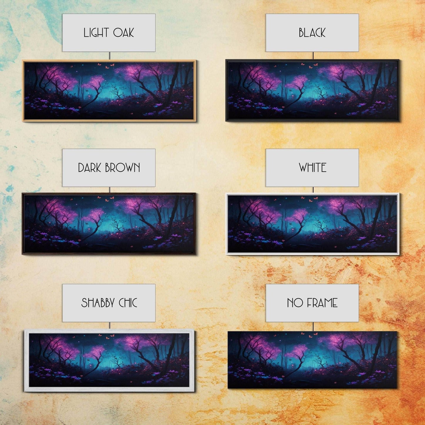 Beautiful Fantasy Forest, Framed Canvas Print, Fantasy Art, Butterflies and Fireflies Light up a Fairy Forest At Night, Framed Wall Art - 10x30 Inches / Gallery Wrap Canvas - Ready To Hang