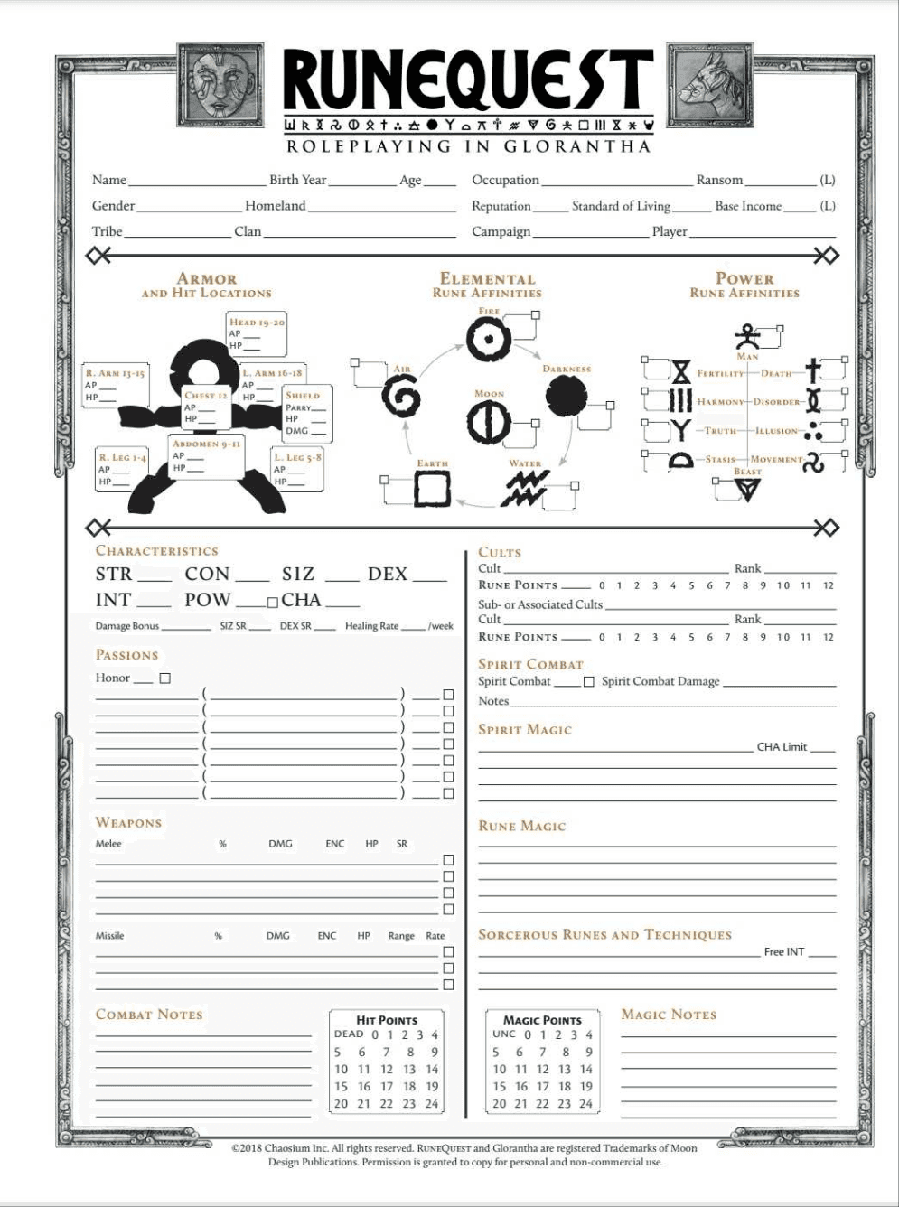 Rune Quest character sheet by Chaosium -