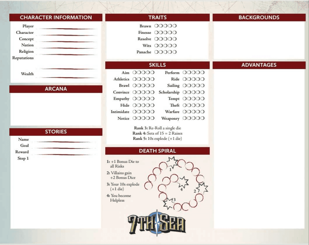 7th Sea character sheet by Chaosium -