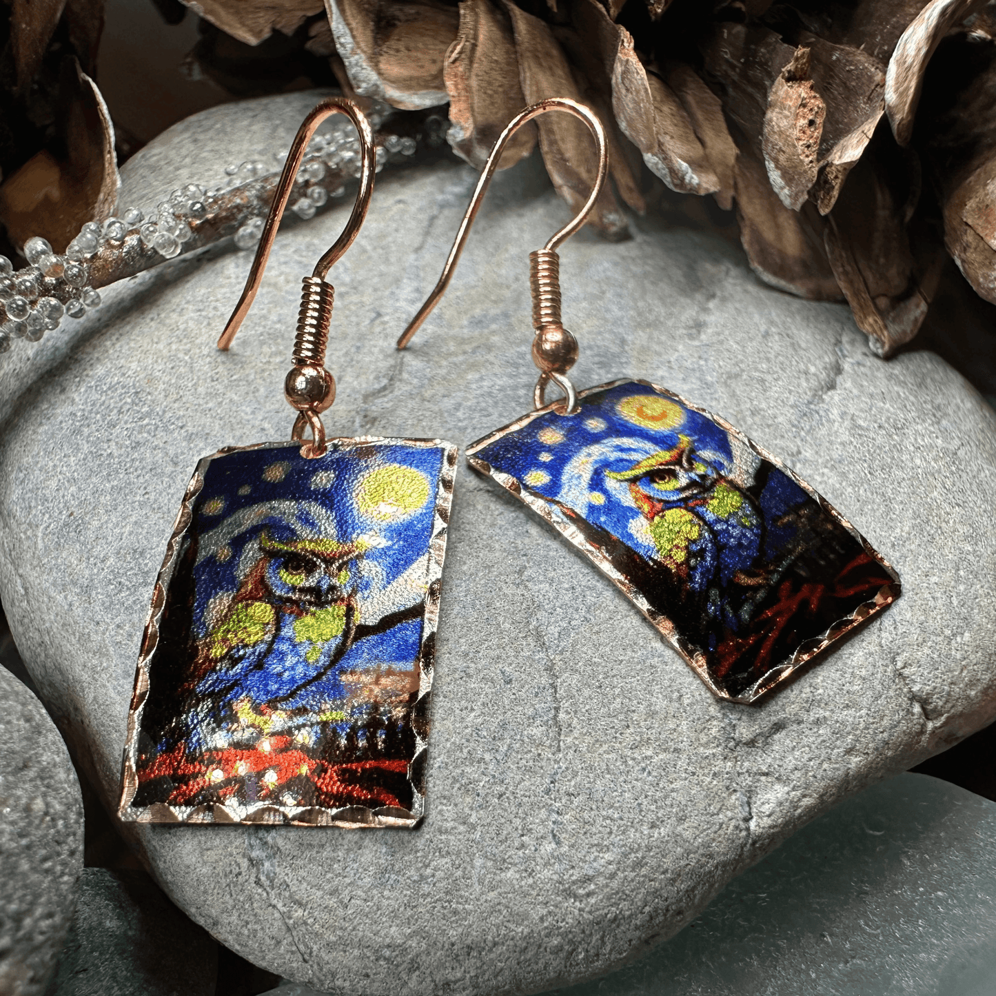 Starry Night Owl Copper Earrings -