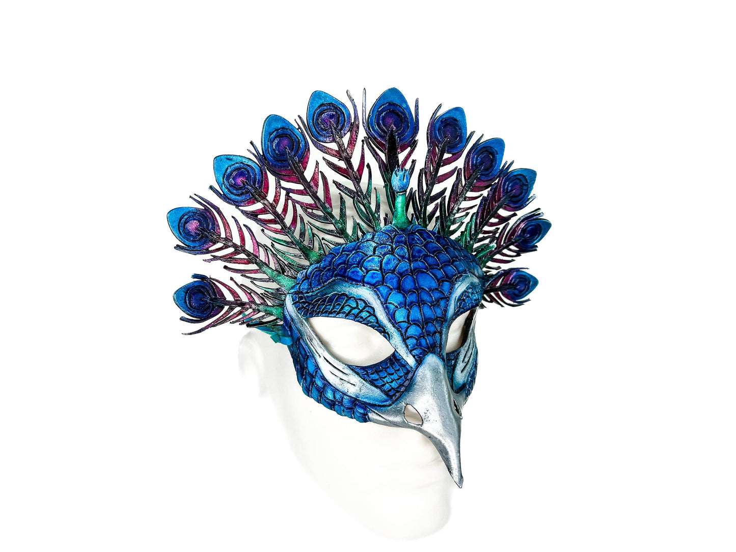 Metallic Blue Peacock Handmade Genuine Leather Mask -