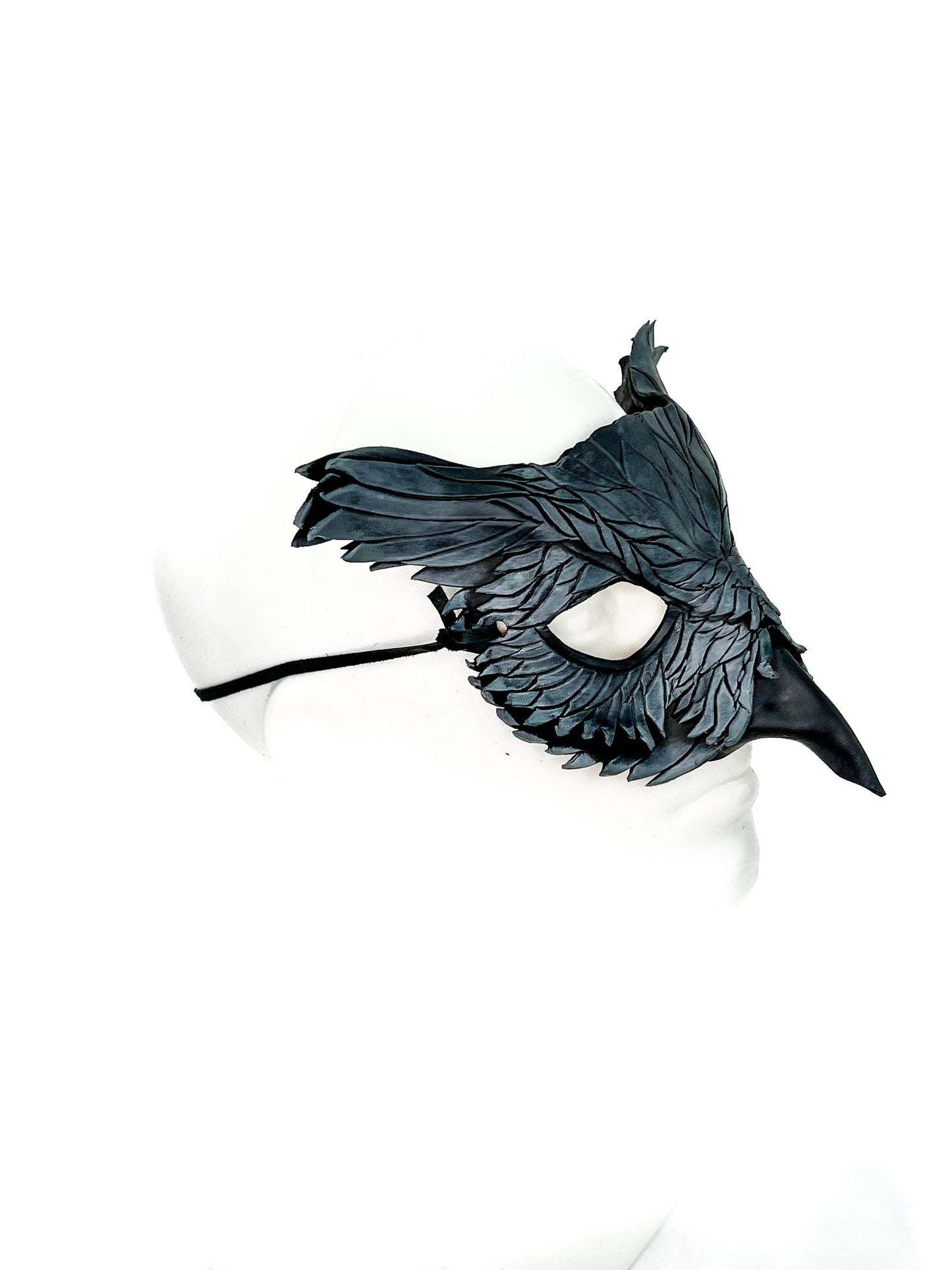 Layered Horned Owl Handmade Genuine Leather Mask in Grey -