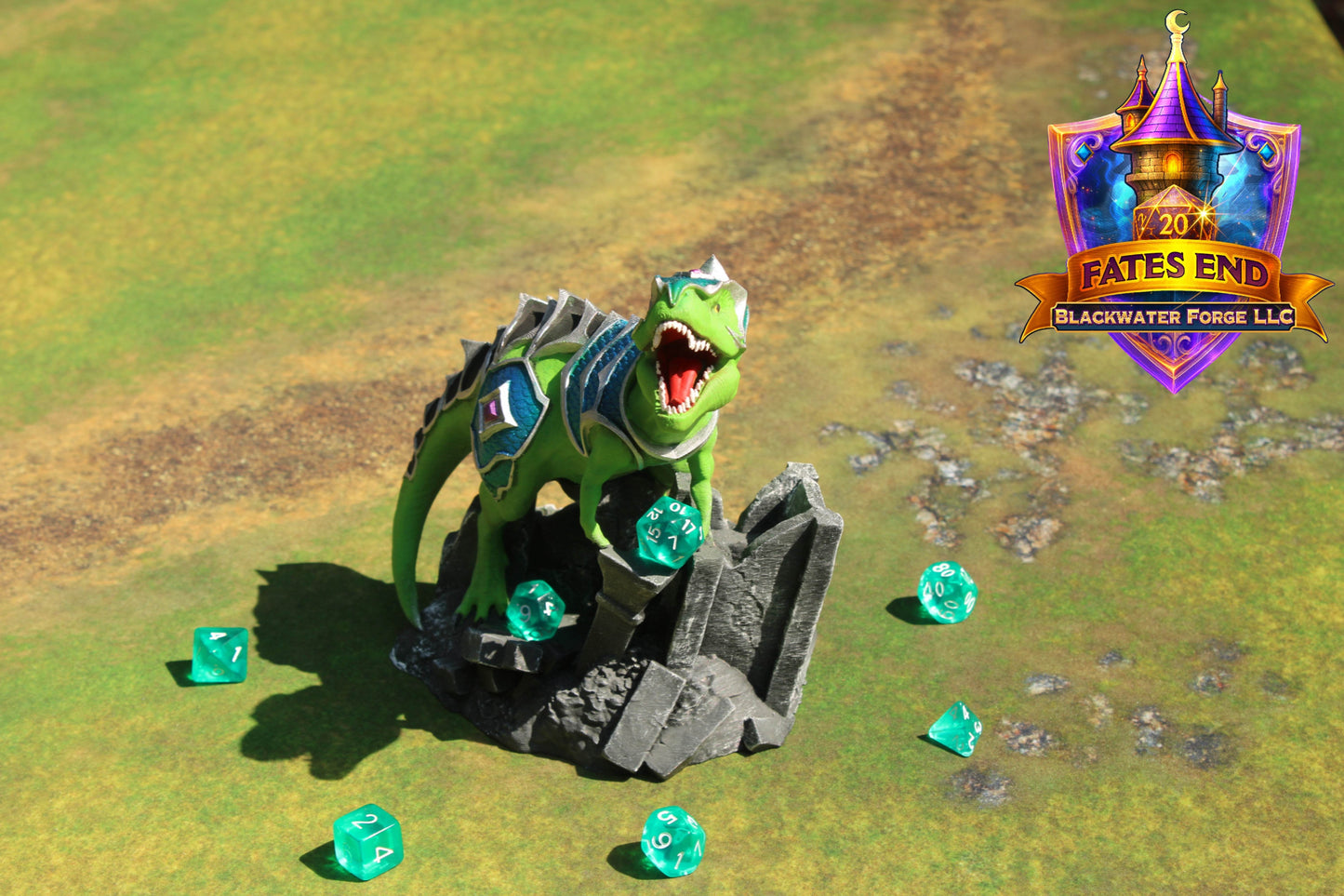 Armored War T-Rex 3D Printed Dice Tower β Fate's End Collection by Kim Bolt - Unleash Prehistoric Power! - Black / Yes- Include Random Dice Set