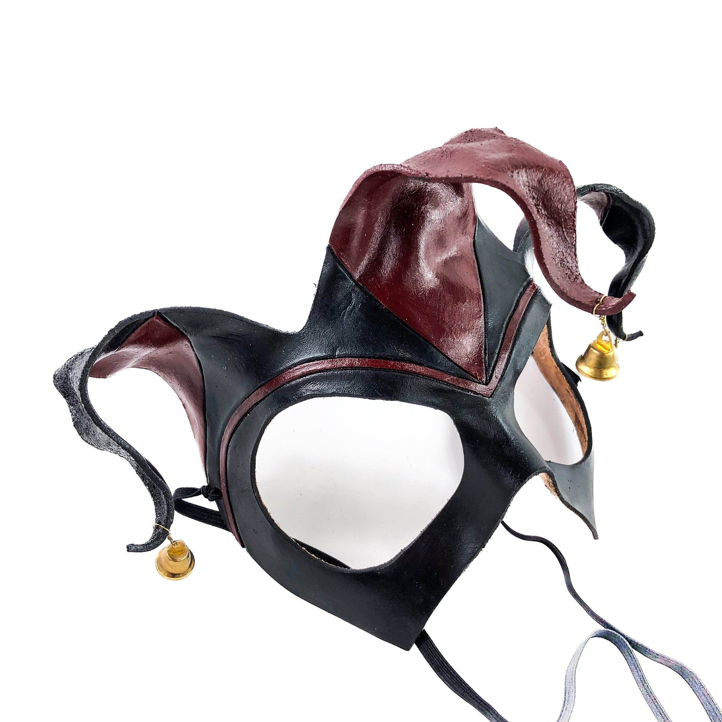 Handmade Genuine Leather Jester Mask in Red and Black with Brass Bells -