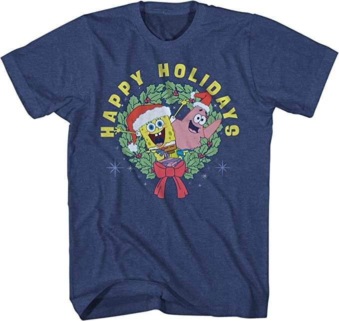Mad Engine SpongeBob and Patrick Wreath Joy Happy Holidays Short Sleeve Christmas T-Shirt - S